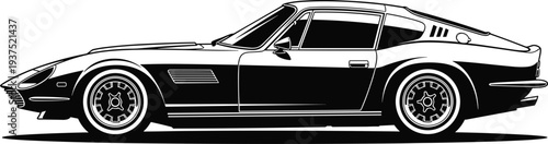 Vintage classic sport car silhouette illustration in black and white side view for automotive design enthusiasts and retro garage wall art.