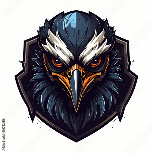 A stylized illustration of a bird's head with a sharp beak and intense gaze, set against a shield-shaped background with bold lines and vibrant orange accents