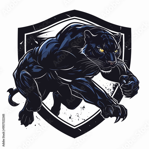 A muscular black panther with yellow eyes is crouching in front of a shield emblem on a white background