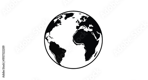 Black and white globe showing continents of Europe Africa and South America