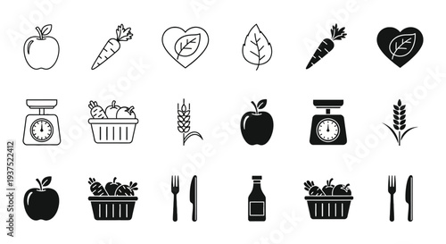Black and white of fruits vegetables kitchen tools and healthy eating symbols apple