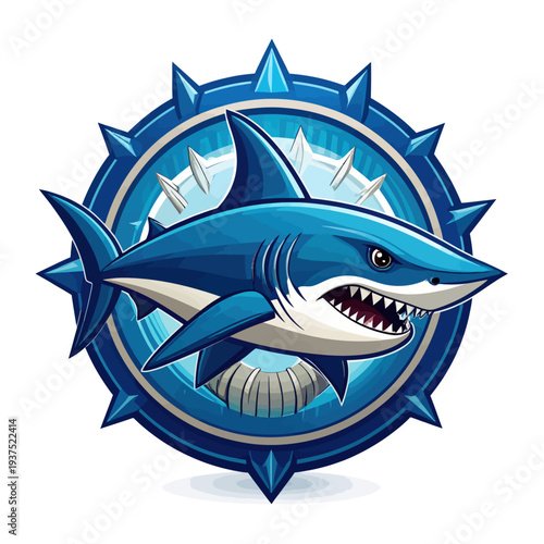 A blue shark with an open mouth and sharp teeth is centered in a blue circular emblem with spikes on a white background