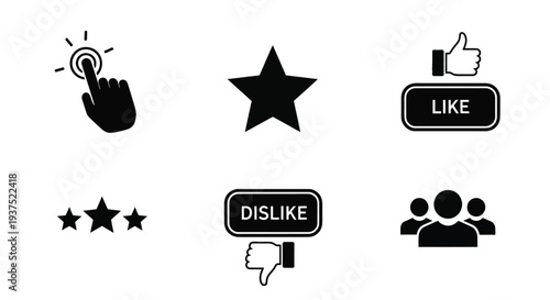 Black and white of like dislike thumbs up down star rating and group of people