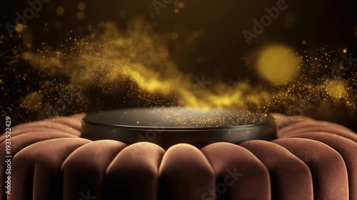 Elegant Black Podium with Golden Glitter Explosion on Velvet Background.