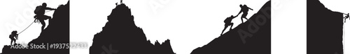Black silhouette illustration of people climbing and helping each other on a mountain peak, symbolizing teamwork, leadership, support, determination, and success journey concept isolated on white back