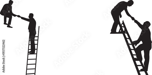Black silhouette illustration of a person helping another climb a ladder, symbolizing teamwork, leadership, support, mentoring, and cooperation concept isolated on white background for business growth