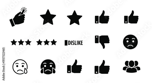 Black and white of thumbs up thumbs down stars and sad faces