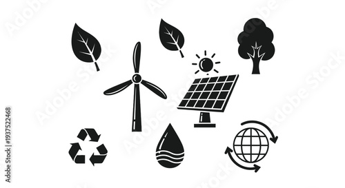 Black and white of renewable energy and environmental symbols wind turbine solar panel