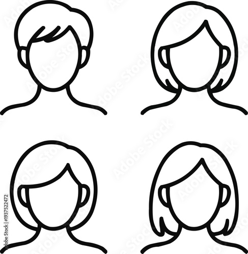 Women’s Hair Length Outline Icon Set Pixie, Bob, Shoulder, and Mid-Back Styles