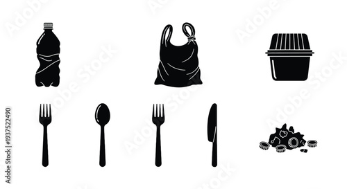 Black and white of plastic bottle, bag, container, cutlery, and bottle caps plastic bag
