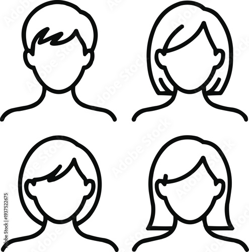 Women’s Hair Length Outline Icon Set Pixie, Bob, Shoulder, and Mid-Back Styles