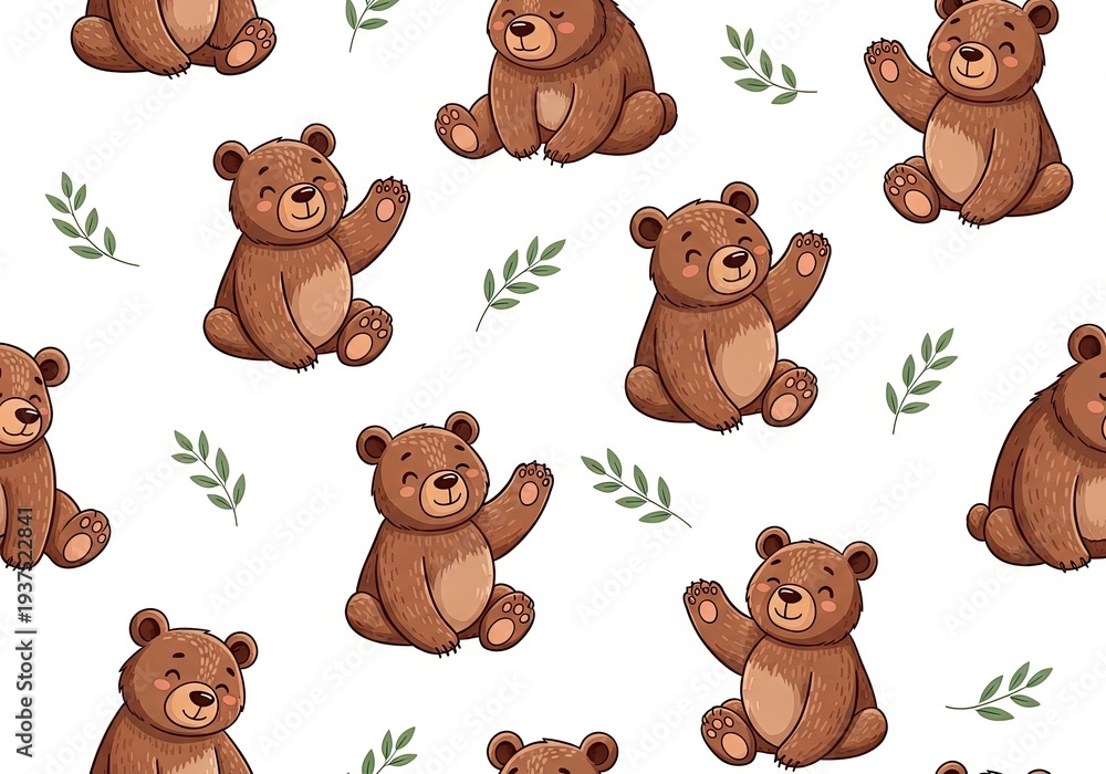 Fototapeta premium Cute cartoon bear waving hello with green leaves, seamless pattern for children's textiles and decor