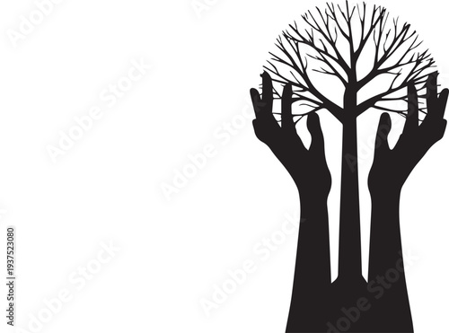 Silhouette of human hands holding a growing tree, symbolizing environmental protection, nature care and sustainability, representing ecology, conservation, growth and green future concept.