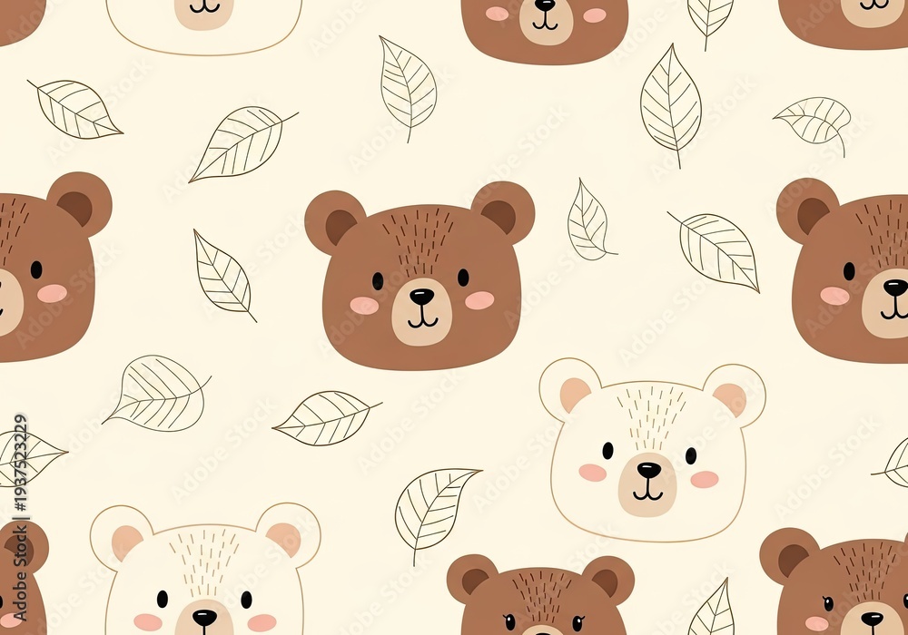 Fototapeta premium Bear faces with leaves on a cream background