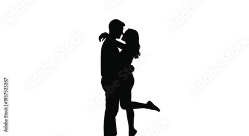 Romantic silhouette of a couple embracing and sharing a tender kiss against a white background