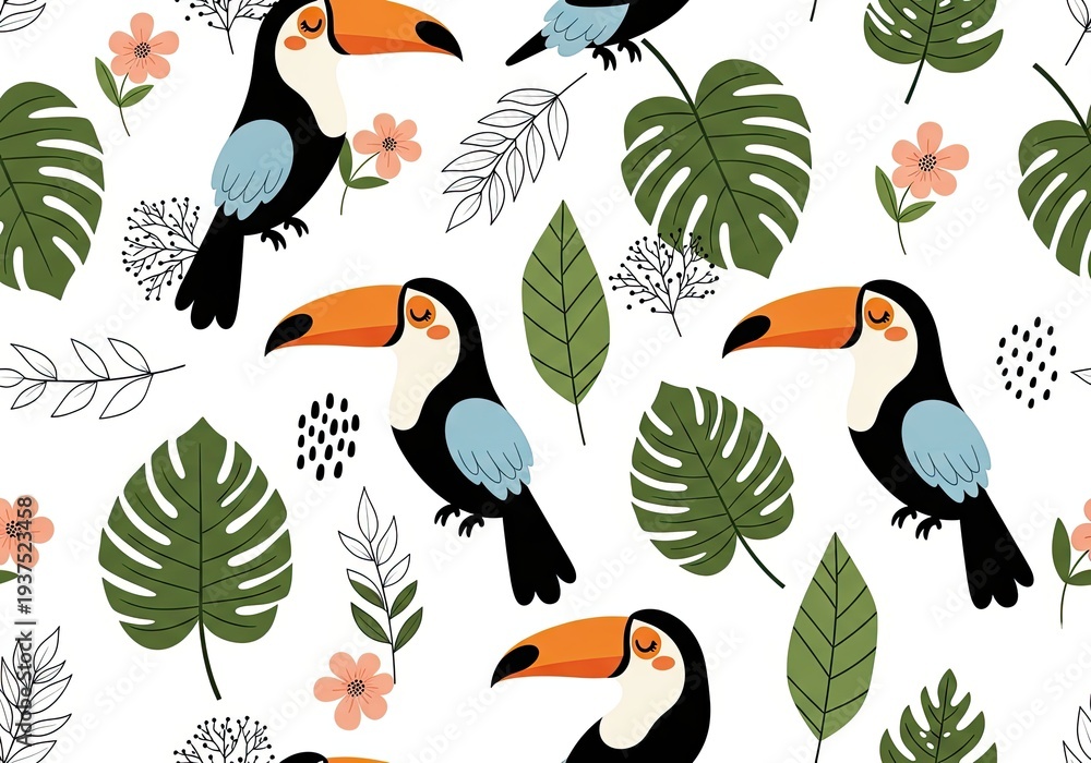 Fototapeta premium Tropical toucans and monstera leaves seamless pattern on white background