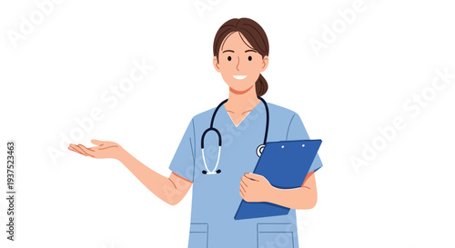 Smiling female medical professional wearing scrubs and holding a clipboard extends open hand