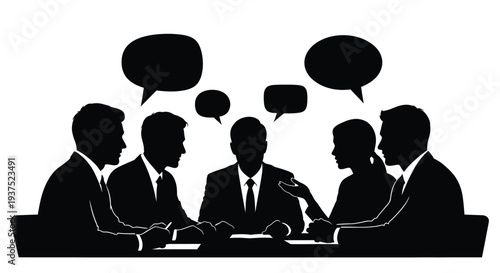 Five business professionals in silhouette intensely discussing important corporate strategy around a boardroom table