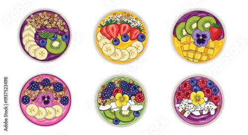 Colorful Smoothie Bowl Vector Collection with Fresh Fruits Granola Coconut and Edible Flowers