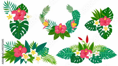 Tropical floral arrangement with hibiscus monstera and palm leaves illustration