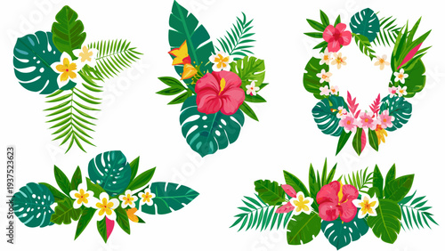 Tropical leaves and flowers arranged in decorative wreath designs