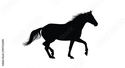 Dynamic black silhouette of a galloping horse with a flowing mane and tail.