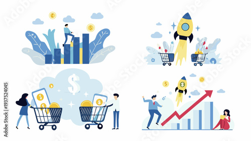 Financial growth and success people achieving goals with money and rockets