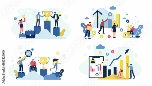 Teamwork success and achievement illustrated with flat vector graphics