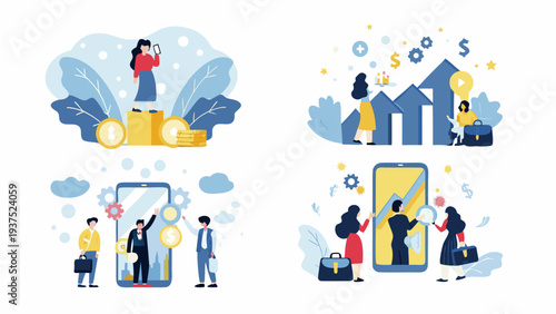 Digital finance and investment concepts illustrated with colorful vector graphics