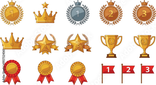 Winner Award Icon Set with Gold Silver Bronze Medals Crowns Stars Trophies and Ranking Flags for Competition Achievement and Victory Vector Design