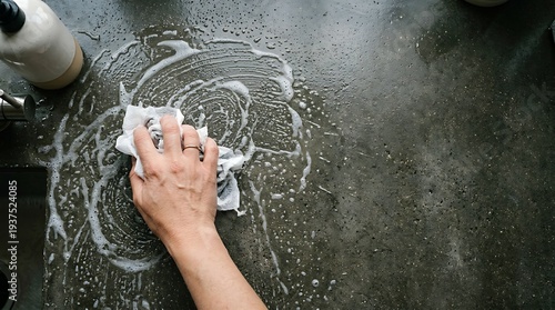 A Person's Hand Scrubs A Dark Kitchen Countertop Covered In White Soap Suds, Highlighting Home Cleanliness And Daily Chores.
