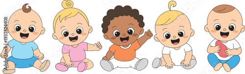 Cartoon illustration of five cute babies sitting in a row with diverse hairstyles, clothing colors, and playful expressions for childcare and educational design