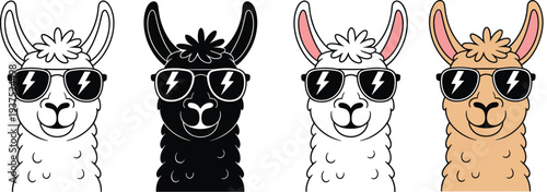Cartoon illustration of four llama heads wearing sunglasses with lightning bolt design, playful and stylish artwork symbolizing fun, individuality, and modern character design