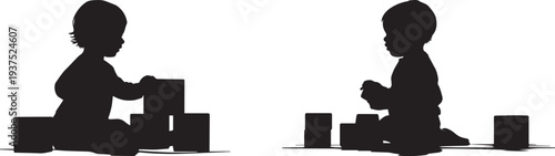 Silhouette of a toddler sitting on the floor playing with toy blocks. Set of 2 silhouette children playing with blocks vector