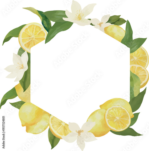 Watercolor Lemon Botanical Frame with Flowers Vector Illustration