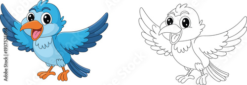 Cartoon-style bird illustration showing colored version with blue wings and orange beak alongside black-and-white outline, playful design for children’s coloring activities and creative artwork
