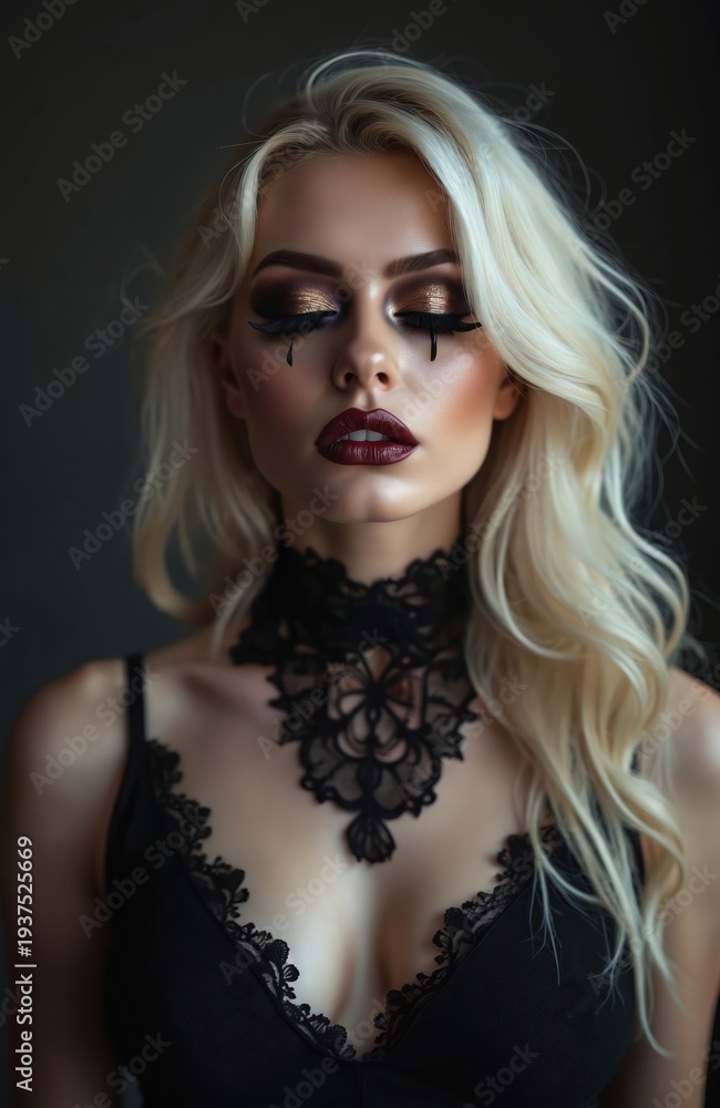 Fototapeta premium Woman with elaborate dark makeup, glitter eye shadow and dramatic lashes, wears lace choker. Blonde model in black lingerie, dark backdrop, gothic style portrait.