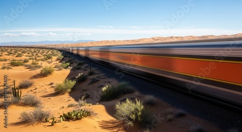 Passenger rail vehicle swiftly travels along a curving track through a sunlit arid landscape.