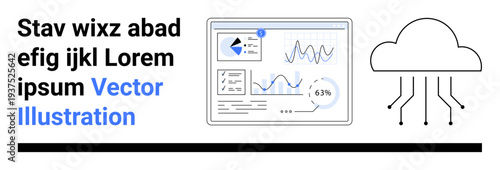 Data analytics, cloud computing, business intelligence, fintech solutions, data storage, tech innovation. A dashboard with charts and a cloud icon with lines. Data analytics and cloud computing