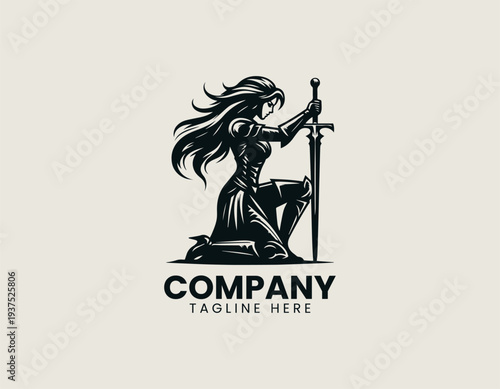 Kneeling female warrior with sword black vector logo illustration isolated on white background