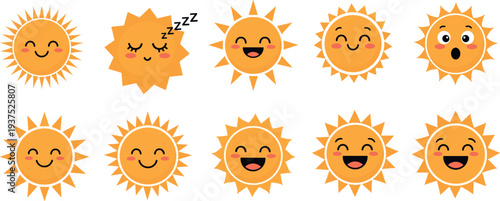 Cartoon sun character illustrations with happy, sleepy, surprised, and smiling facial expressions, featuring unique ray designs for children’s content, weather graphics, and educational materials.
