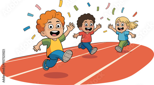 Animated illustration of joyful children running on red track with confetti celebration, symbolizing sports, teamwork, energy, and festive childhood activity design