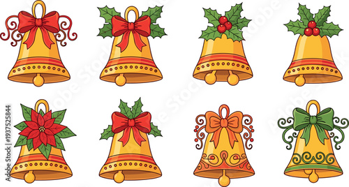 Christmas bells collection with bows holly leaves and festive decorations colorful holiday bell icons isolated vector set for winter celebration greeting cards design