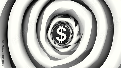 virtuosity. A distorted spiral pattern featuring a currency symbol at its center in monochromatic graphic design style. pitch deck slides.