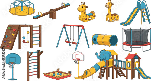 Colorful playground equipment icons set with slides swings seesaw trampoline and climbing structures isolated on white background for kids park design illustration