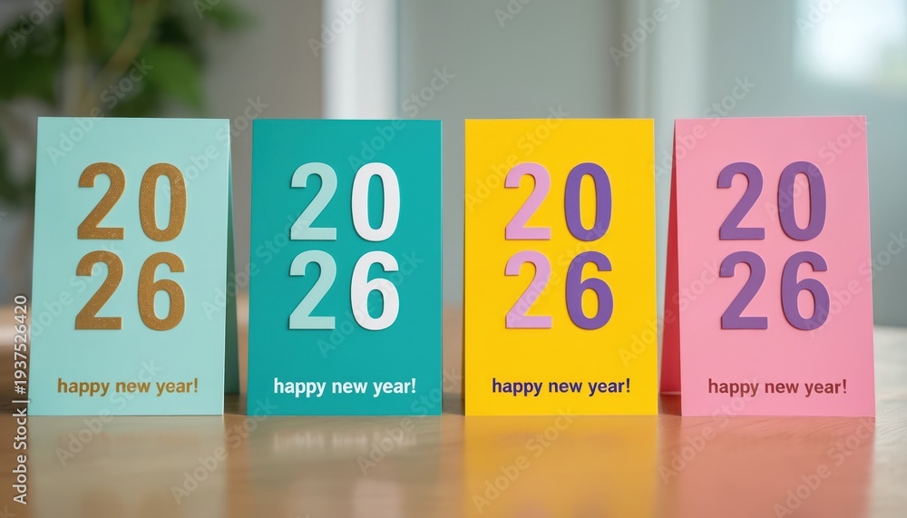 Fototapeta premium Four colorful greeting cards display the year 2026 and happy new year text. Cards in mint green yellow teal pink feature bold paper cut numbers. New year celebration theme.