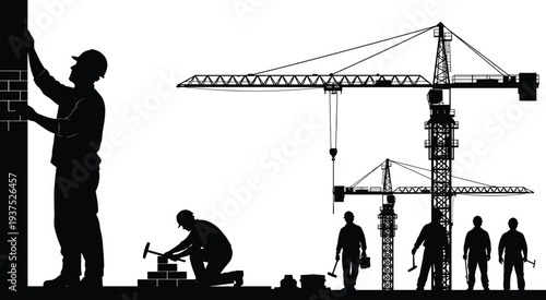Construction site silhouette vector, workers building wall, tower crane illustration, labor teamwork graphic, industrial job scene, black infrastructure icons set
