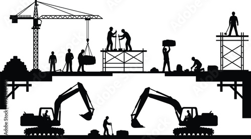 Construction site silhouettes with workers, crane, scaffolding, and excavators, illustrating building process, teamwork, heavy machinery, and industrial development in urban infrastructure projects