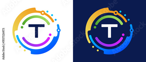 Modern letter “T” logo with circular abstract elements and colorful gradient design,