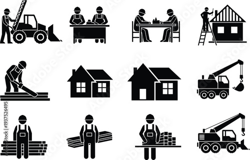 Construction work icon set showing builders, house building process, machinery, tools, and materials, black silhouettes for architecture, engineering, real estate, and industrial construction concepts